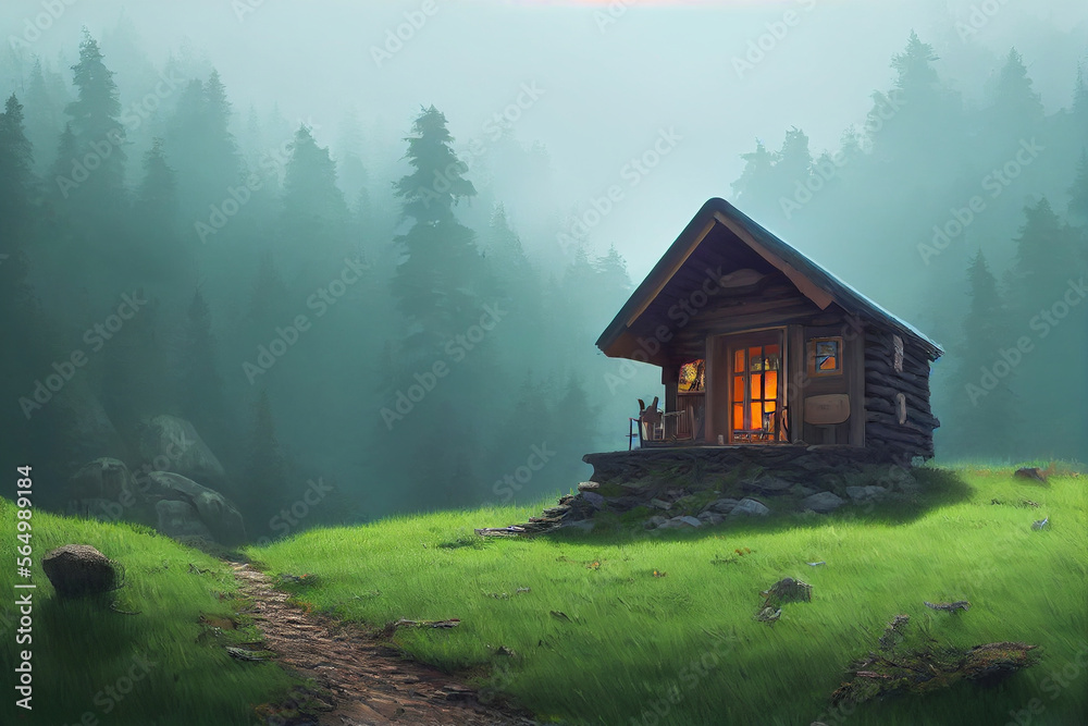 A small cabin on top of a forest mountain Generative AI Content by Midjourney