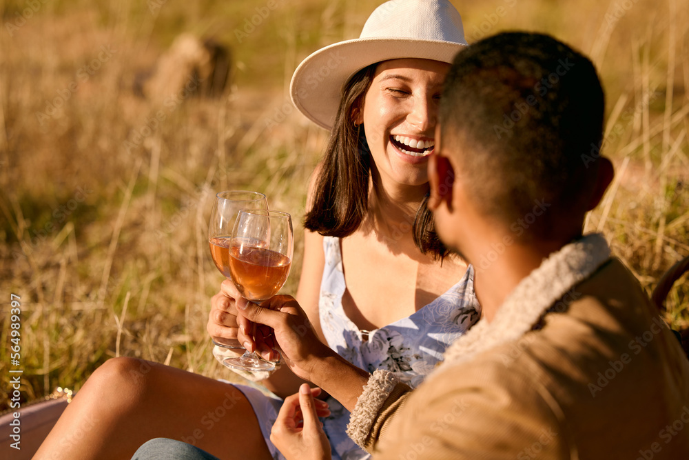 Couple with wine, outdoor picnic and happiness, romantic date with alcohol and commitment with adventure. Travel, man and woman with happy people, love and care with cheers, holiday and romance Couple with wine, outdoor picnic and happiness, romantic date with alcohol and commitment with adventure. Travel, man and woman with happy people, love and care with cheers, holiday and romance