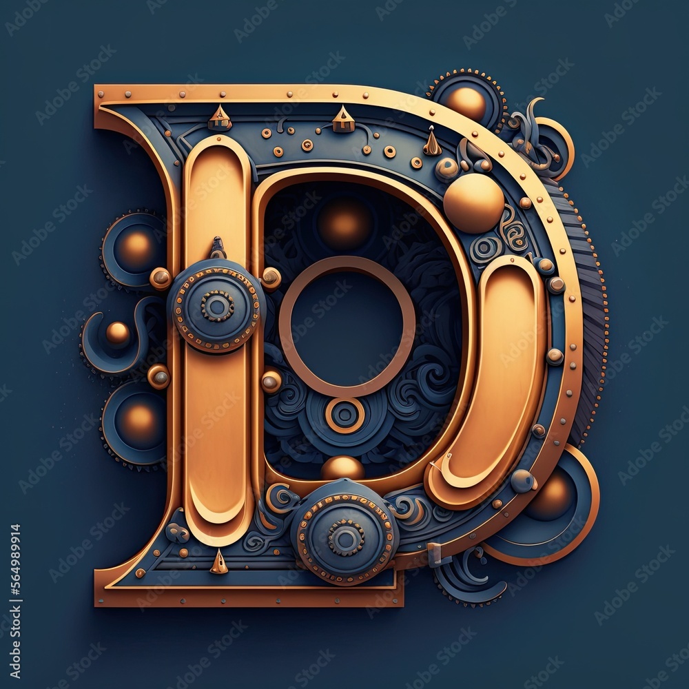 Capital letter D, steampunk alphabet in bronze metal and navy blue, AI ...