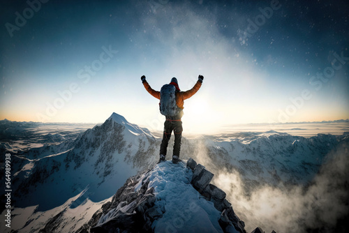 Photo Achieving your dreams concept, with mountain climber celebrating success on top