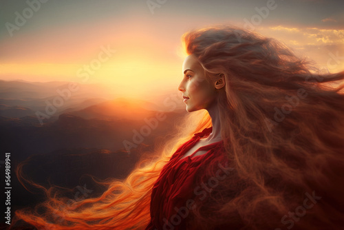 Beautiful woman with extremely long hair standing on mountain top, Generative AI illustration © IBEX.Media