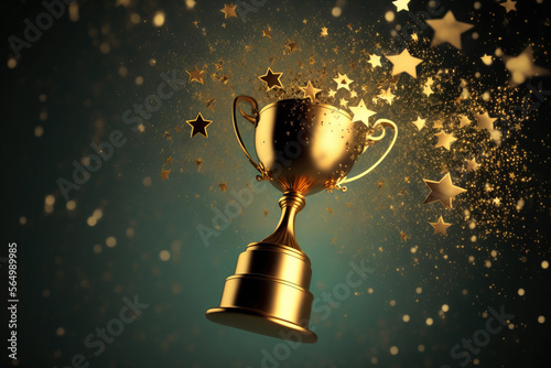 Winner Gold trophy with stars flying, Generative AI illustration