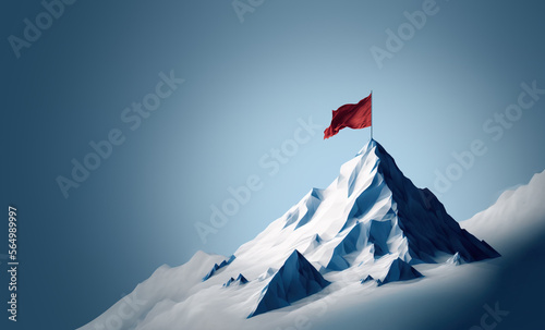 Abstract blue mountain with red flag on top, success concept, Generative AI illustration