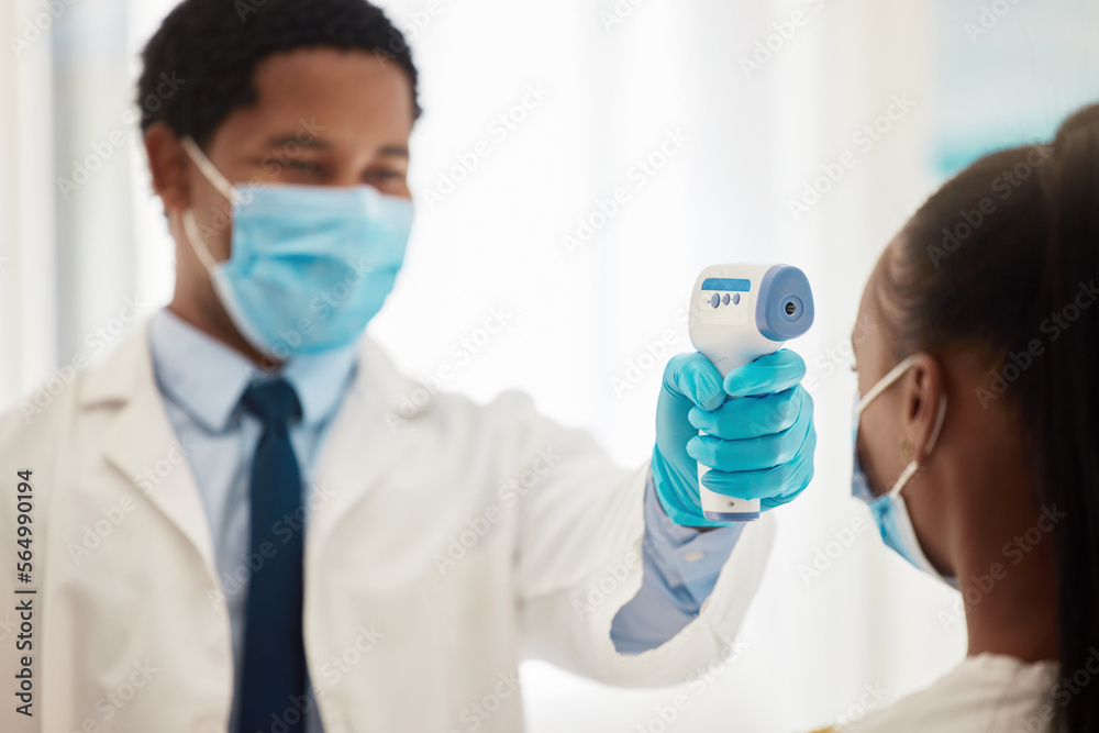 Doctor, patient or thermometer in covid check, hospital compliance or healthcare wellness control in clinic. Black woman, face mask or forehead fever temperature for virus management or medical help Doctor, patient or thermometer in covid check, hospital compliance or healthcare wellness control in clinic. Black woman, face mask or forehead fever temperature for virus management or medical help