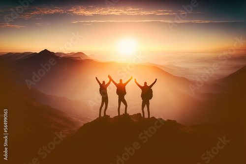 Freedom concept with three friends celebrating success on mountain top at sunset, Generative AI illustration