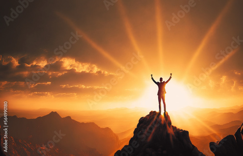 Rear view of Businessman celebrating success on mountain top at sunset, Generative AI illustration