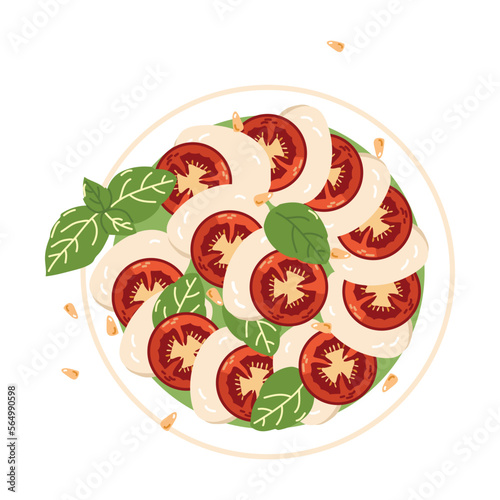 Caprese salad from Italy on a white background. Famous national dishes. Vector illustration for restaurants, menus, decor
