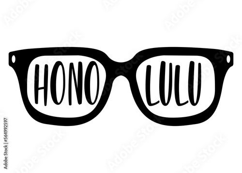 Destino de vacaciones. Silueta aislada de gafas de sol con palabra Honolulu en texto manuscrito