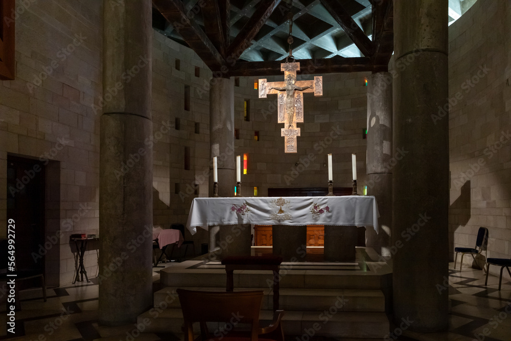 The side altar in the of Church Of Annunciation - built in 1969 on the spot where the Annunciation is believed to have taken place in Nazareth, northern Israel The side altar in the of Church Of Annunciation - built in 1969 on the spot where the Annunciation is believed to have taken place in Nazareth, northern Israel