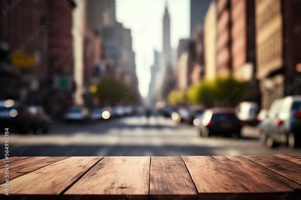 Empty wooden table surface with copy space, city on background. AI	