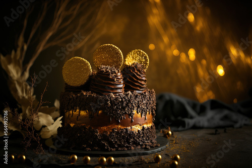 Beautiful chocolate cake with golden decorations on a dark background. AI 