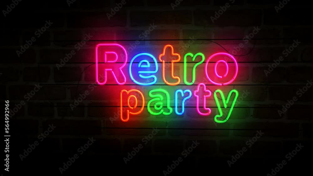 Retro party neon on brick wall. Nightlife disco music nightclub light color bulbs. Abstract concept 3d animation. Retro party neon on brick wall. Nightlife disco music nightclub light color bulbs. Abstract concept 3d animation.