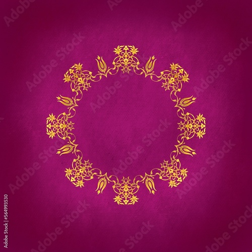 Turkish Ornamental golden Circle frame on magenta background. Digital painting.