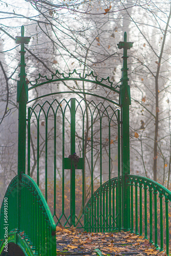 Metal gate on the bridge in the park in autumn. Enjoy peace and quiet in nature.