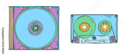 Audio cassette and CD disk doodle. 2000s audio cassette. Y2k trendy illustration. Cassette and CD disk for boombox. Millennial childhood technology. 90s and 2000s.