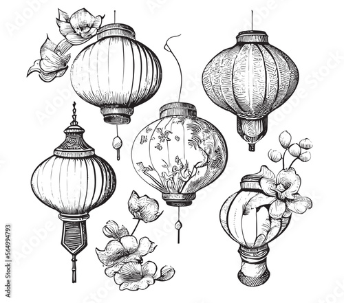 Chinese lanterns hand drawn sketch in doodle style Vector illustration