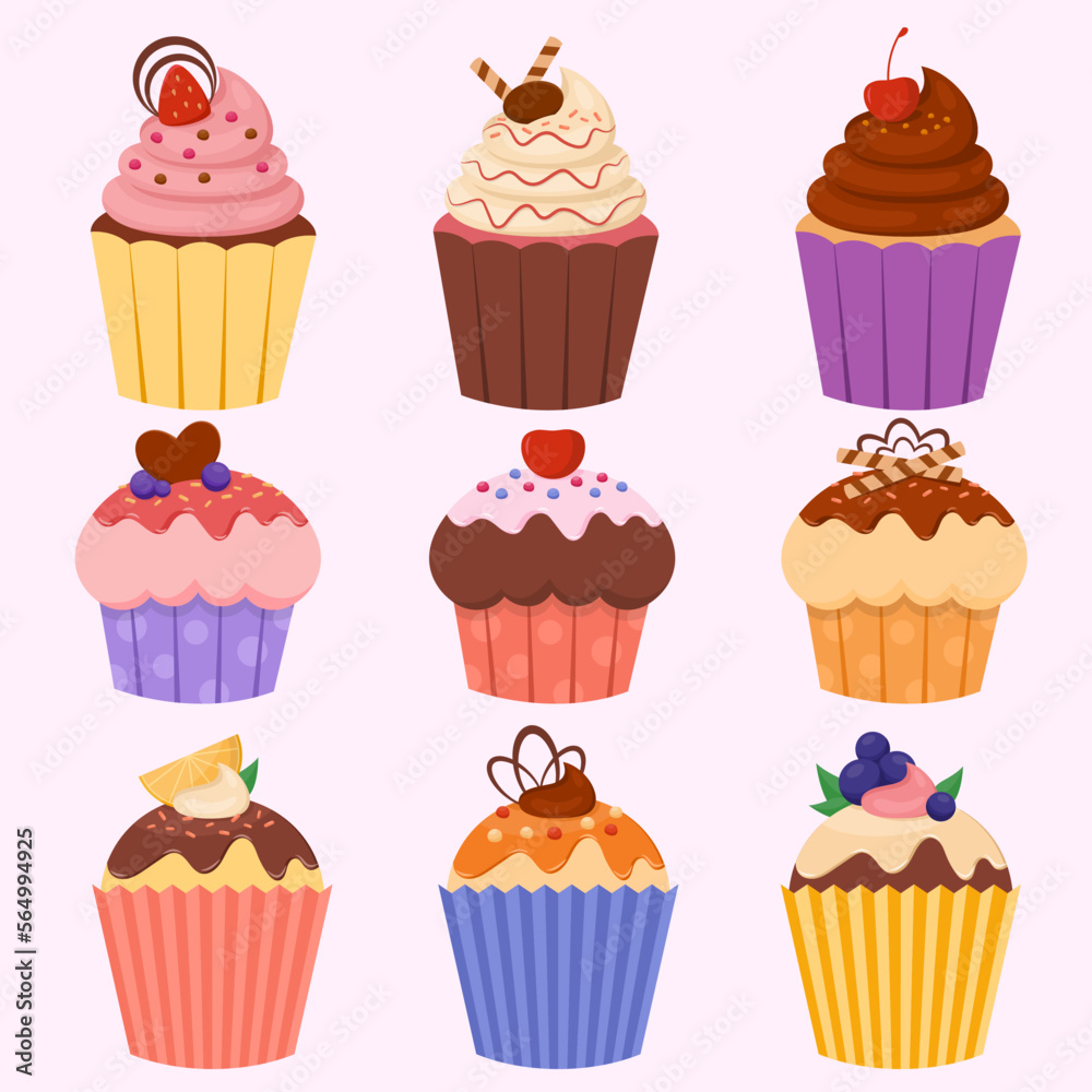Illustration of colorful sweet cupcakes with various toppings and flavors collection vector stock Illustration of colorful sweet cupcakes with various toppings and flavors collection vector stock