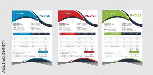 Vector invoice template design for your business  company - Red green and Blue version
