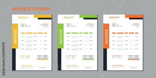 Minimal corporate Business multiple color variation a4 size vector invoice design template