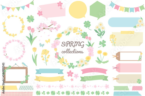 Fotobehang 桜やクローバーなど春の花の飾りやフレームのベクターイラストセット
