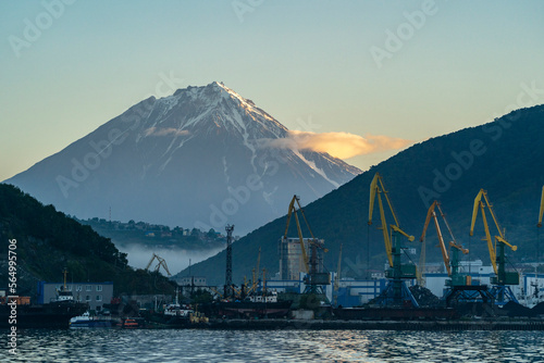 Harbor and Koryaksky Volcano, PetropavlovskÂ Kamchatsky, Kamchatka Peninsula, Russia photo