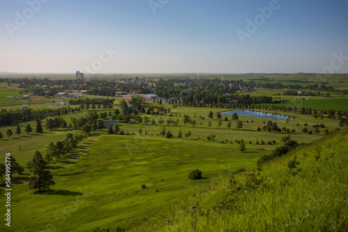The farming town New Salem, North Dakota, pictured here on a clear, summer day.