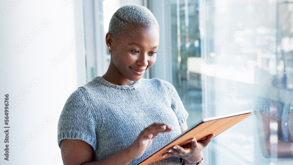 Business woman and office research on tablet for positive insight