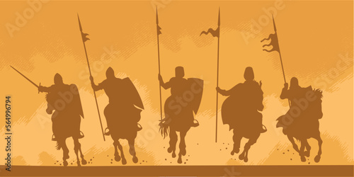 Silhouette of a horse knights and warriors.  Armored latin cavalry. Soldiers attacking. Charge. Crusade. Vector illustration. Isolated. Medieval Europe. photo