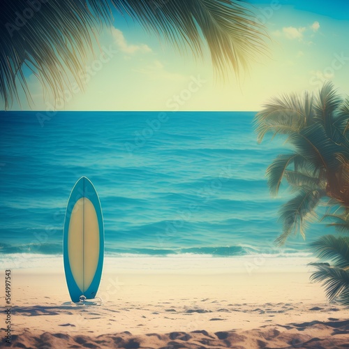 Surfboard and palm tree on beach with beach sign for surfing area. Travel adventure and water sport. relaxation and summer vacation concept. vintage color tone image. - generative ai