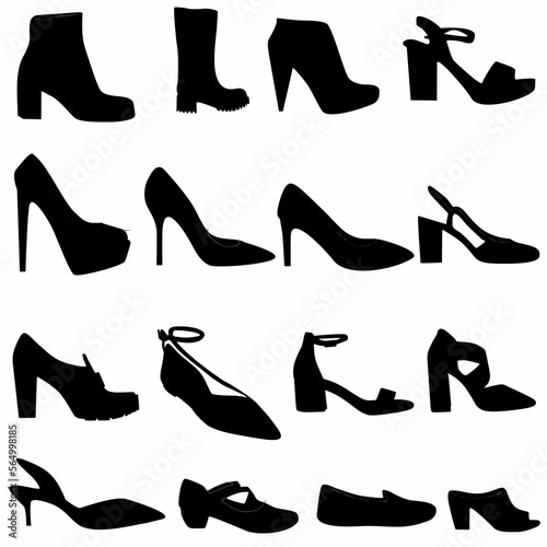  set of silhouettes of women's shoes, white background