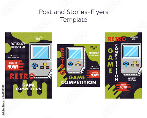 Social media stories, post and flyer set. Retro Gaming desins with vintage game console. Game competition invitation card graphics. Stock vector Instagram templates