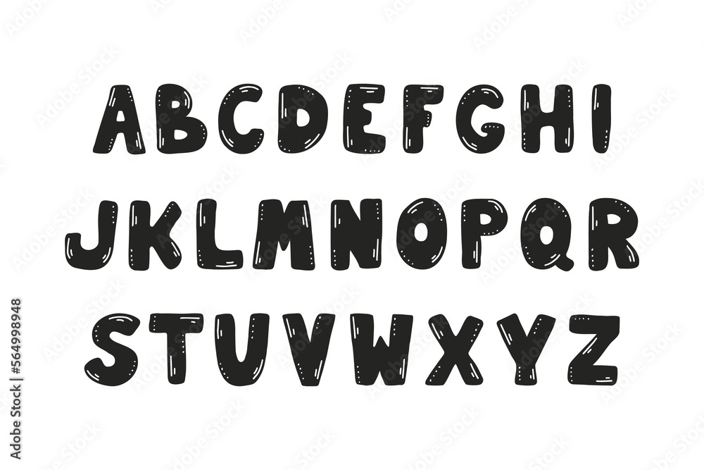 Hand drawn alphabet style. Vector illustration of Latin letters in black on white background