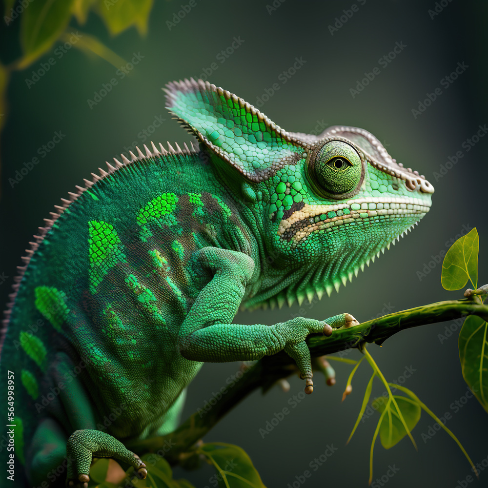 Fototapeta premium Close up of a green chameleon. Generative AI.