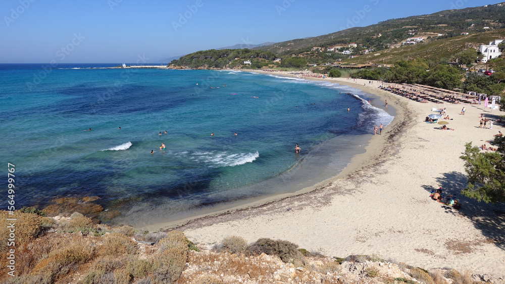 Paradise sandy bay and beach with river flowing to the sea of Mesakti in North Aegean island of Ikaria, Greece