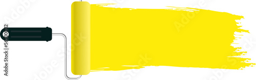 Painter painted a roller bright yellow strip on the wall, isolated on a white background