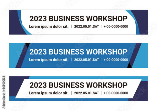 Set of graphic design templates for business, corporate, lecture, workshop, event banners in modern style on blue color background.
