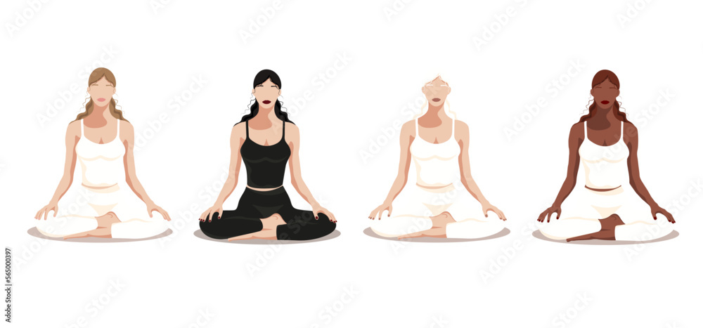 Girls in the faceless style do yoga in the lotus position on a white background Girls in the faceless style do yoga in the lotus position on a white background