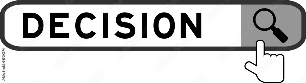 Search banner in word decision with hand over magnifier icon on white background