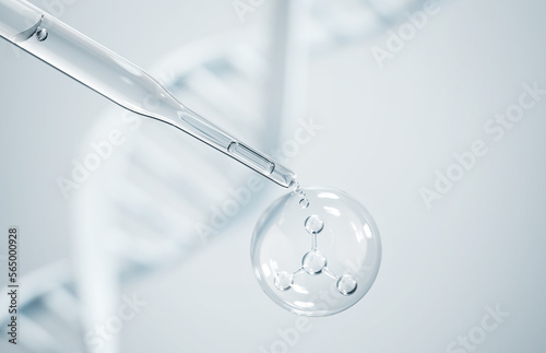 Cosmetic pipette with Cosmetic Essence, Liquid drop on a white background, 3d rendering.