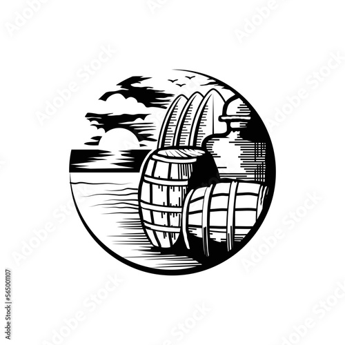 Black and white drawing of barrels and distillation drum with surf boards by the beach on a sunny sunset