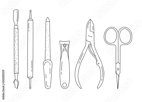 doodle set of manicure tools, black lines on a white background, advertising poster for a beauty salon