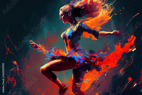 Dynamic passionate dance artistic painted illustration. Not an actual real person.   Digitally generated AI image. © 0livia