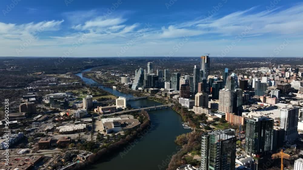 Aerial view away from downton Austin, fall day in USA - pull back, drone shot Aerial view away from downton Austin, fall day in USA - pull back, drone shot