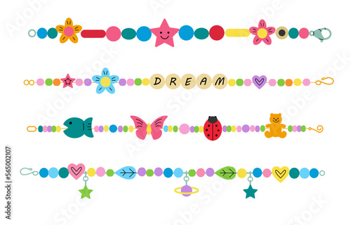 Children's bead jewelry. Cute bracelets or necklace set with  different beads and pendants. Friendship bands. Vector illustration