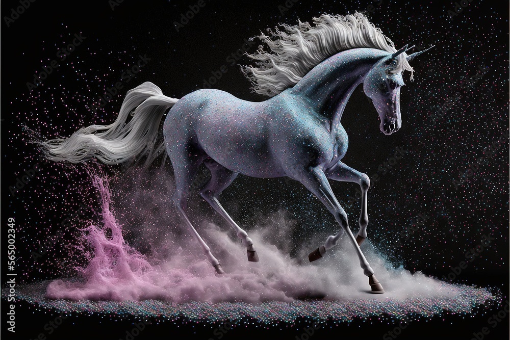 a white horse with a long mane running through a cloud of dust and