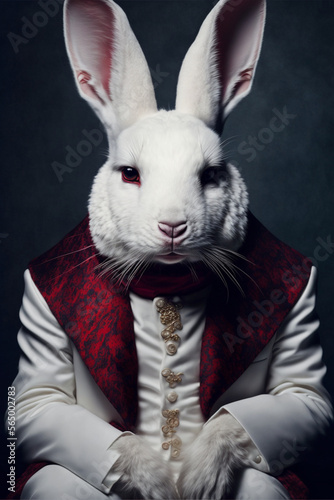 White rabbit in a sleek abstract suit ensemble