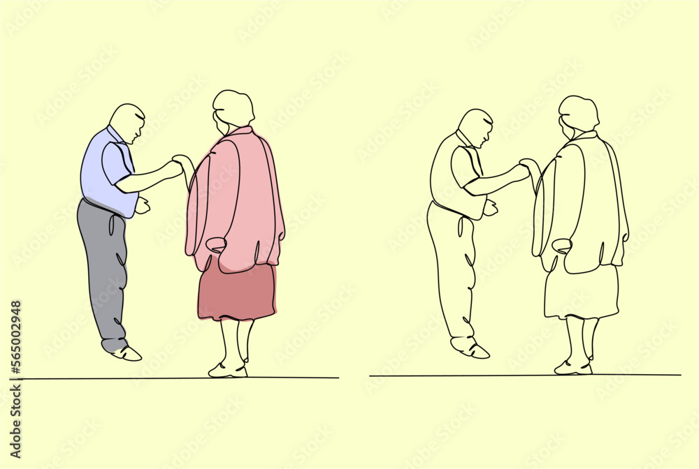 Elderly couple in continuous line art drawing style. Senior man and woman walking together holding hands. Minimalist black linear sketch isolated on white background. Vector illustration