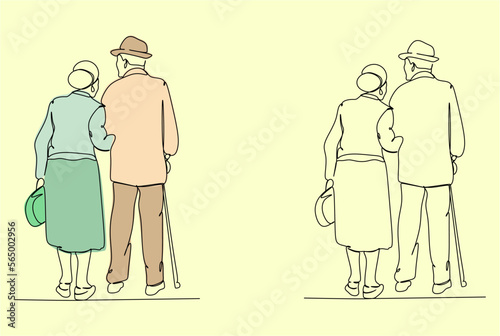 Elderly couple in continuous line art drawing style. Senior man and woman walking together holding hands. Minimalist black linear sketch isolated on white background. Vector illustration