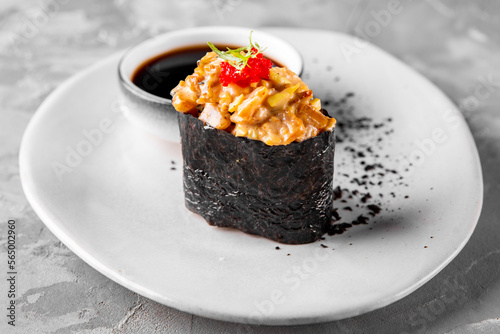 Gunkan Maki Sushi with Seafood on plate