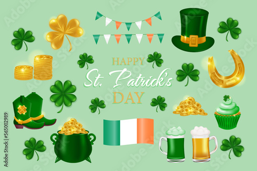 Set of Irish symbols for St. Patrick's Day. Leprechaun hat, boots, beer, ale, gold coins, pot of gold, horseshoe, garland with flags and flag of Ireland, shamrock, clover.Vector icons set.
